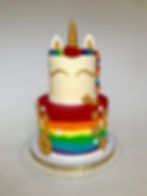 Unicorn 2-tier birthday cake in metallic gold & rainbow colours